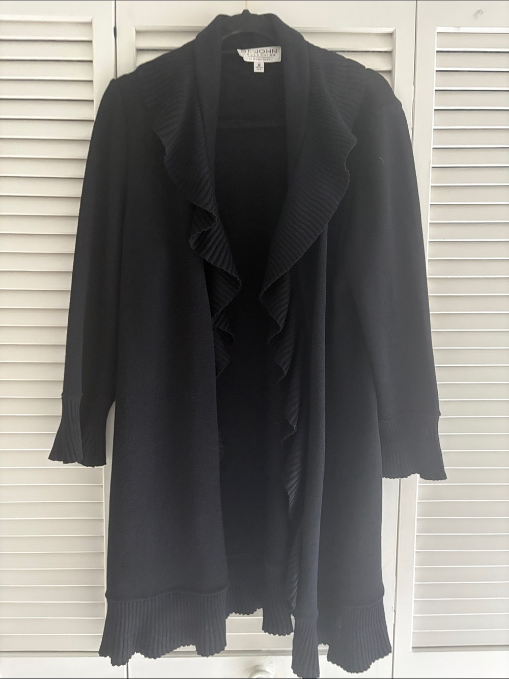 St. John Black Ruffle-Front Open Knit Cardigan